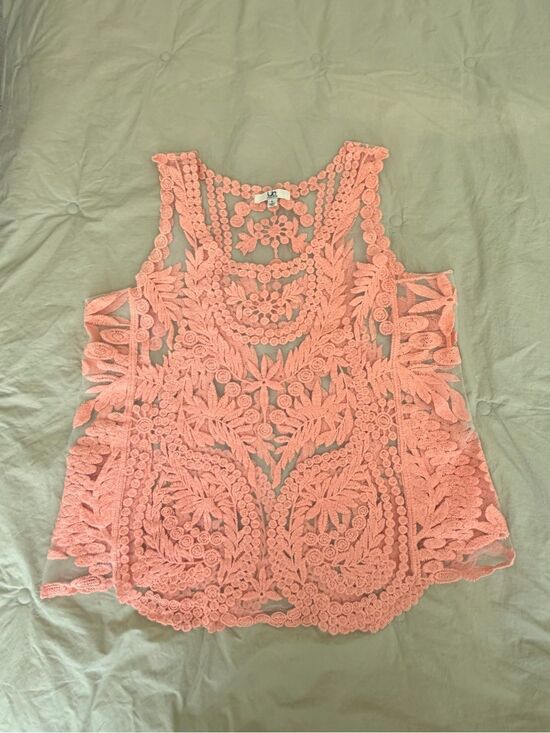 Ya Los Angeles Tops - Embroidered and Mesh Lace Sleeveless Tank Top - Peach